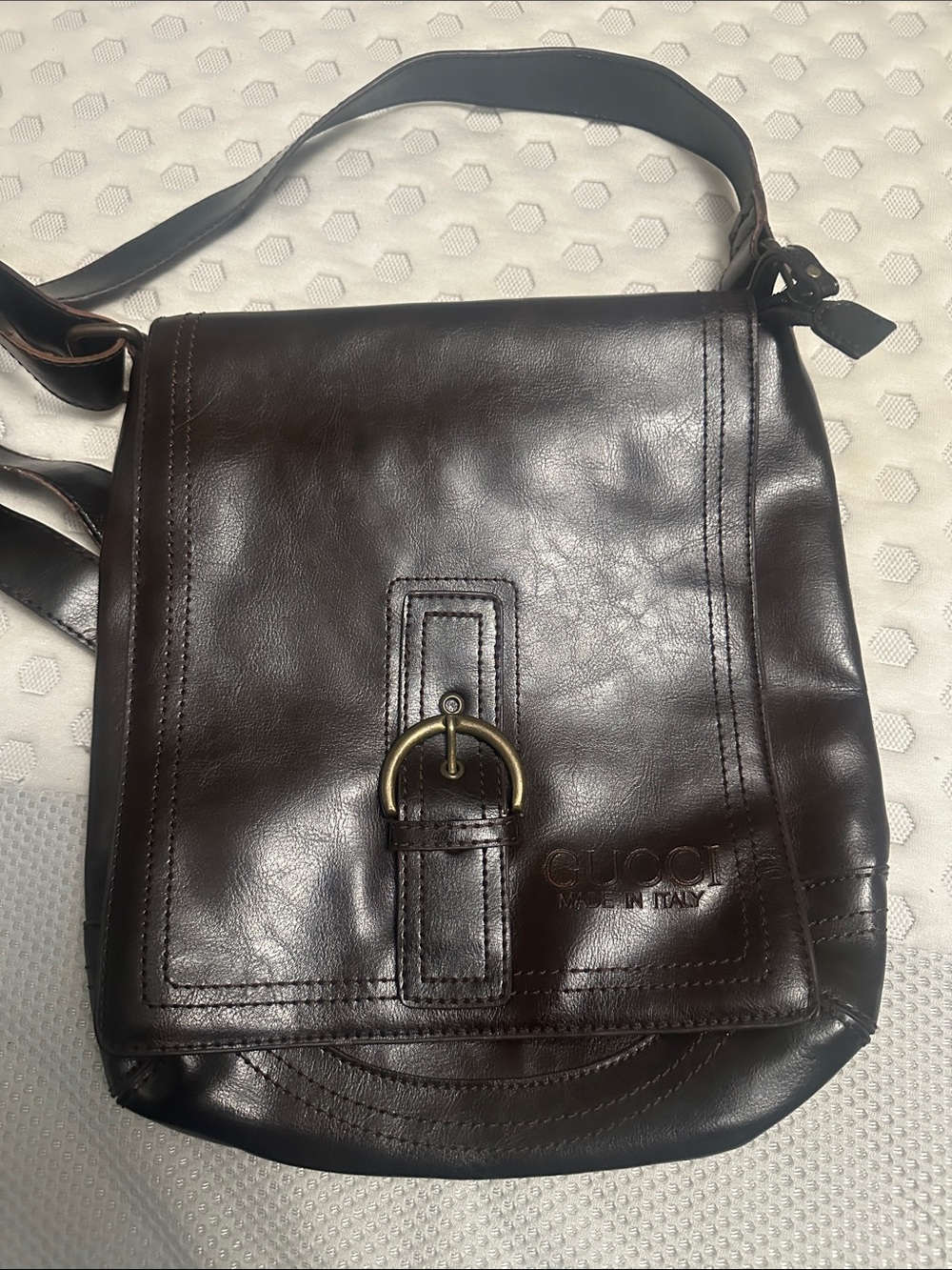 Gucci Dark Brown Leather Messenger Bag with Brass Buckle